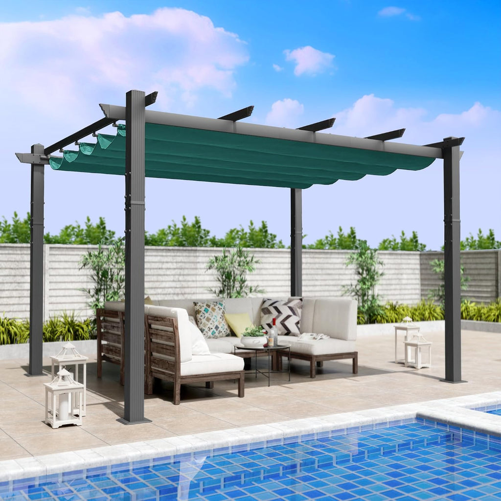 Kozyard Morgan Outdoor Retractable Pergola with Sun Shade Canopy Patio Aluminum Pergola Shelter for Backyard Deck Garden Modern Metal Grill Gazebo (10' x 12', Blue)