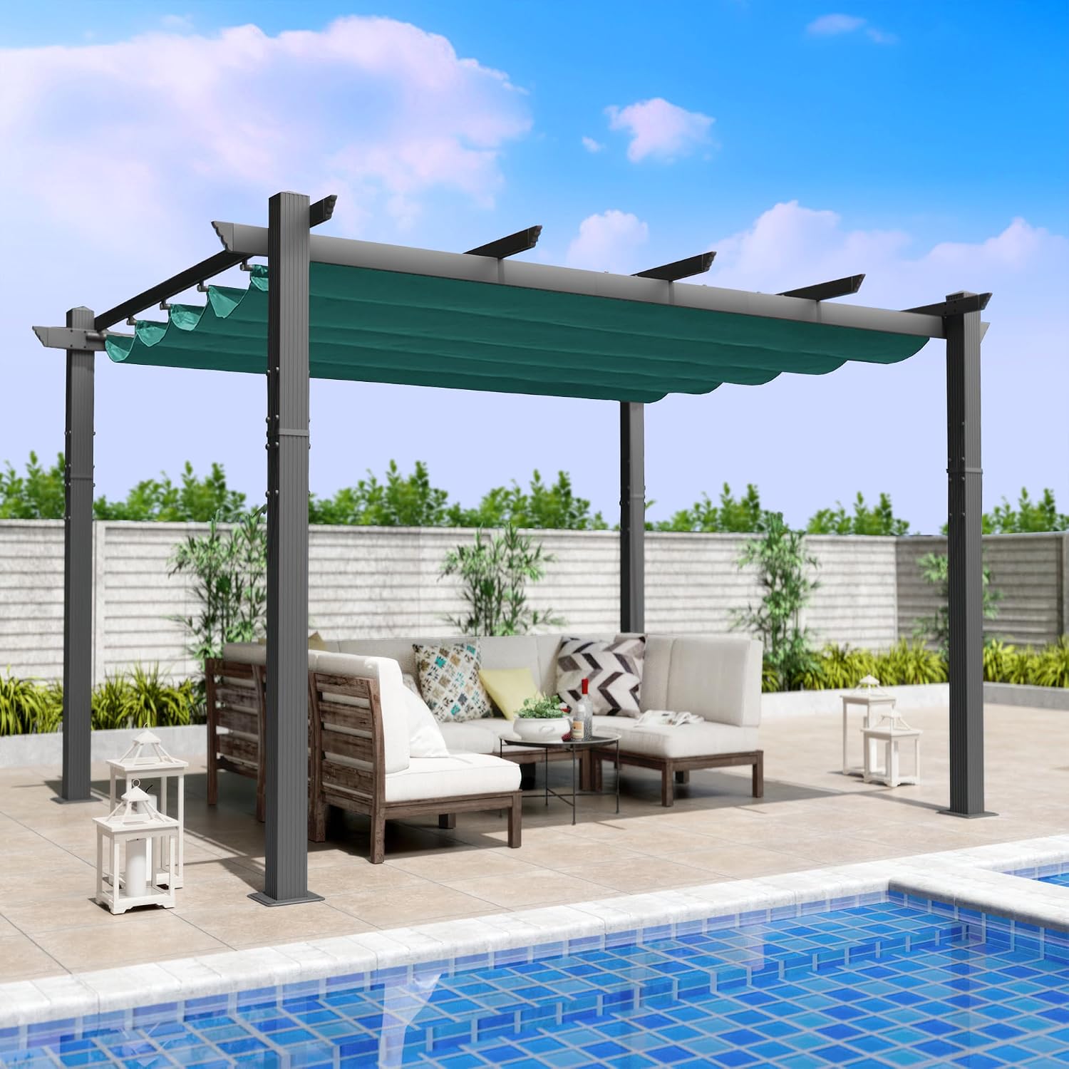 Kozyard Morgan Outdoor Retractable Pergola with Sun Shade Canopy Patio Aluminum Pergola Shelter for Backyard Deck Garden Modern Metal Grill Gazebo (10' x 12', Blue)
