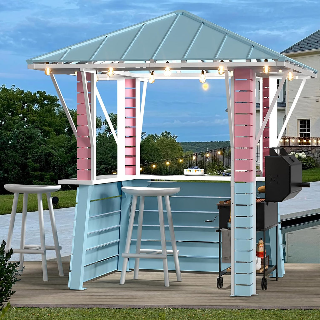 Modern Shade Hardtop Gazebo 8' x 8', Grill Gazebo with USB Charging Socket and Hooks, Outdoor Gazebo with 2 Open Sides, Coastal-Inspired Roof, Galvanized Steel Outdoor Bar for Swimming Pool, Backyard