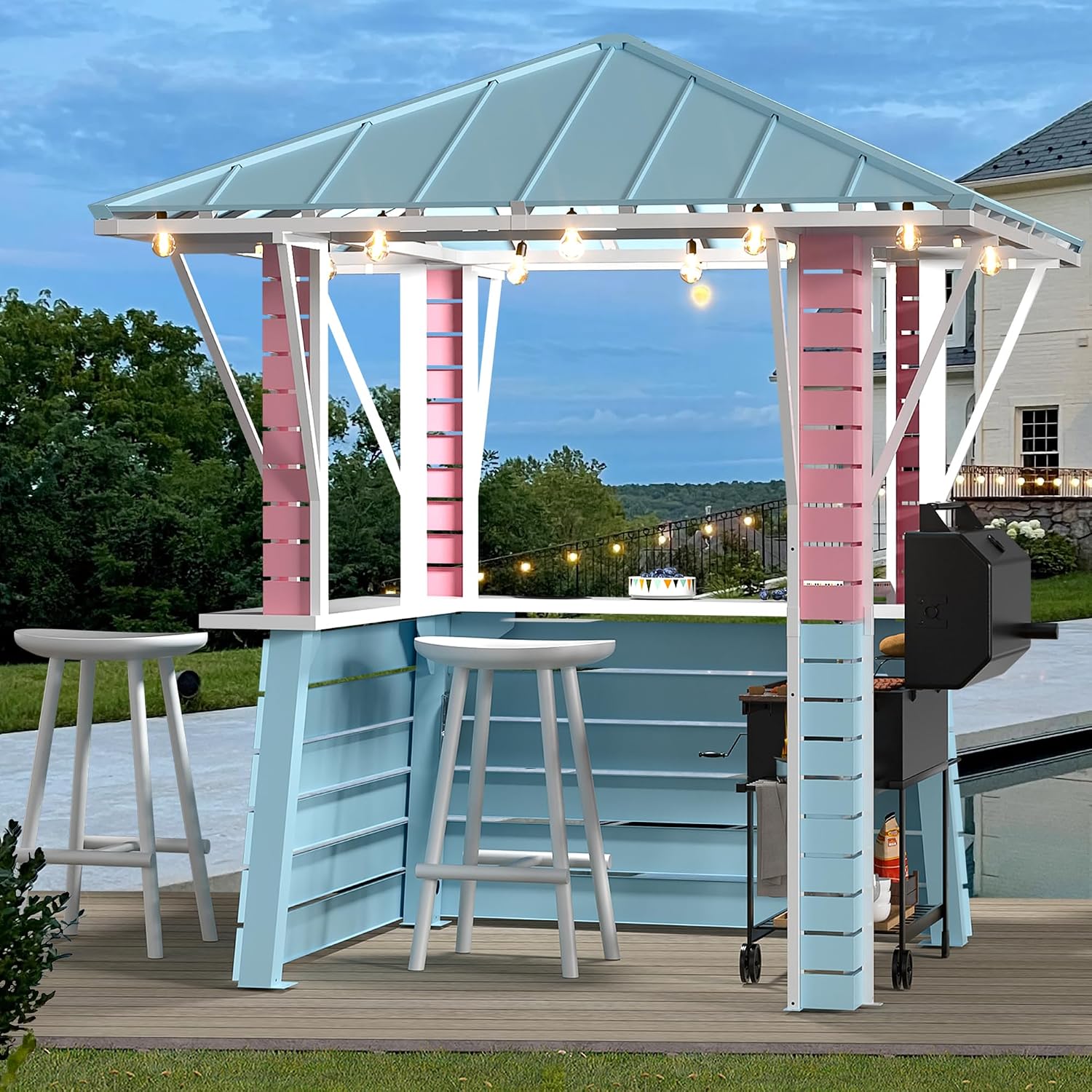 Modern Shade Hardtop Gazebo 8' x 8', Grill Gazebo with USB Charging Socket and Hooks, Outdoor Gazebo with 2 Open Sides, Coastal-Inspired Roof, Galvanized Steel Outdoor Bar for Swimming Pool, Backyard