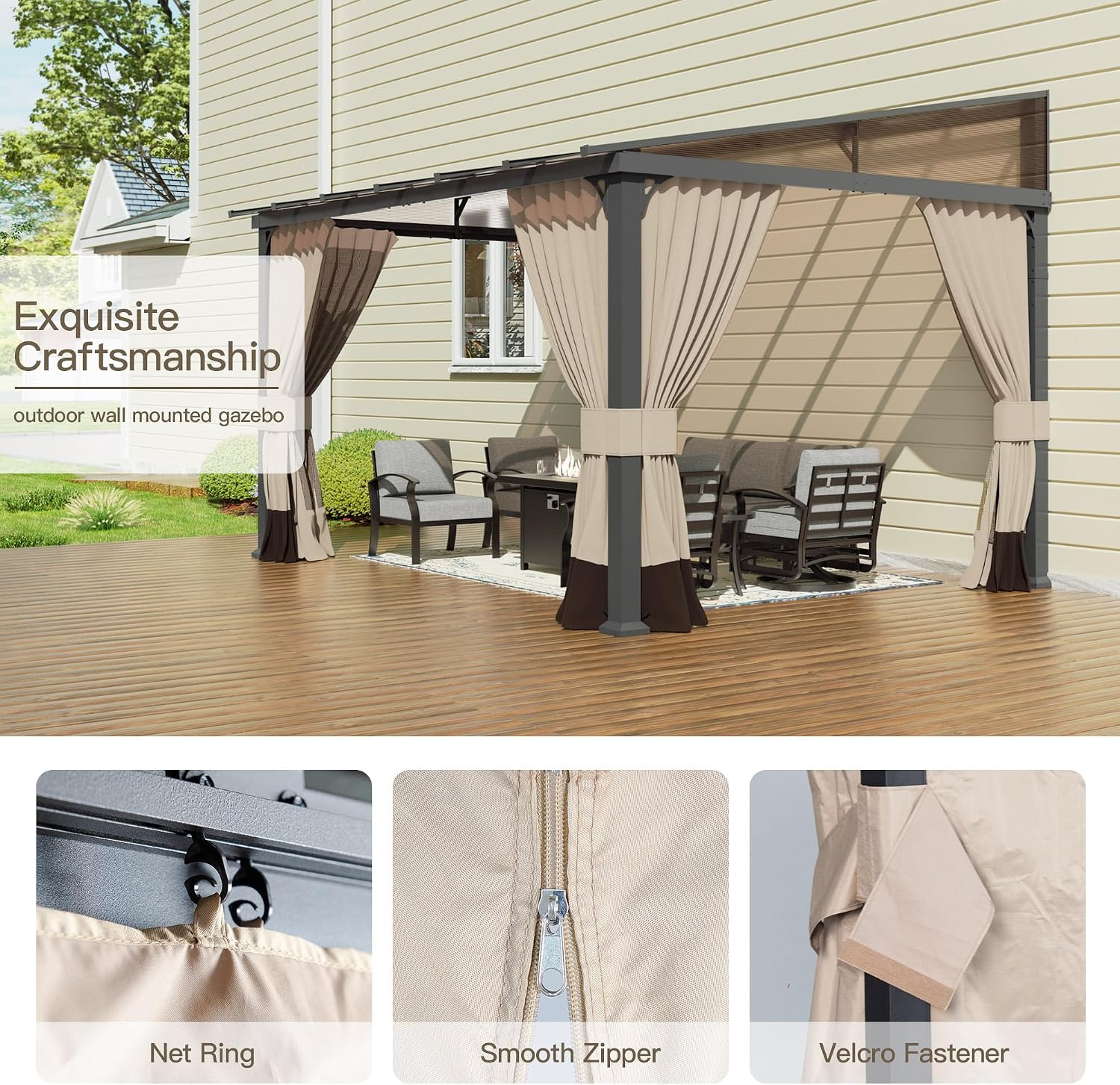 10' x 12' Gazebo for Patio,Wall Mounted Gazebo with Sloping Polycarbonate Roof,Aluminum Frame Outdoor pelgole w/Netting & Curtain for Garden,Deck,Backyard,Khaki
