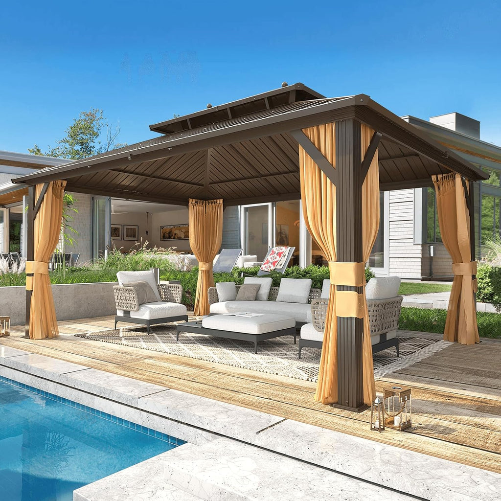 MELLCOM 12'x16' Hardtop Gazebo, Metal Double Roof Aluminum Gazebos with Curtain and Netting,Brown Permanent Galvanized Steel Pavilion for Patio, Lawn & Deck