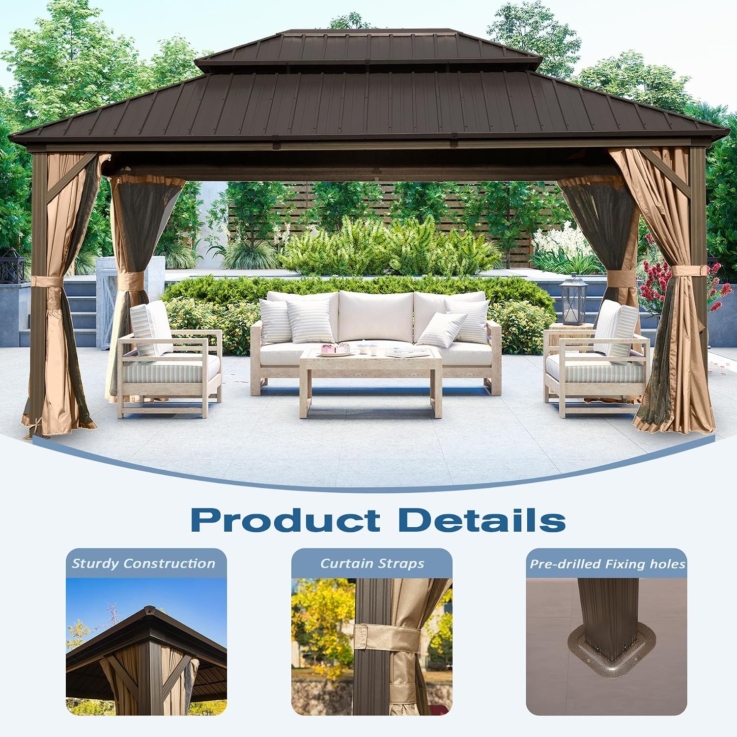 Domi 10' x 14' Hardtop Gazebo, Outdoor Metal Gazebo for Patios with Galvanized Steel Double Roof, Heavy Duty Curtains and Netting Included, Permanent Pergola for Backyard, Garden Lawn, Brown