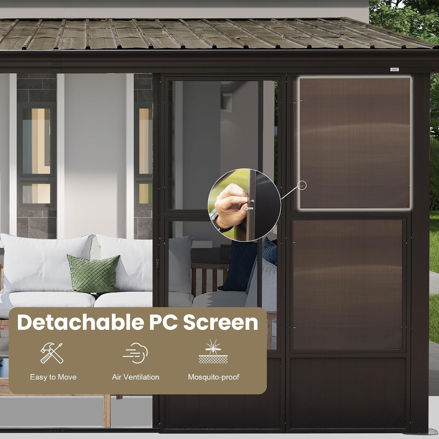 Domi 10x12FT Wall Mounted Sunroom, Against Wall Solarium with Galvanized Steel Sloping Roof, Detachable PVC Screen, Lockable Sliding Door, Lean-to Gazebo Sun Room for Patio Deck