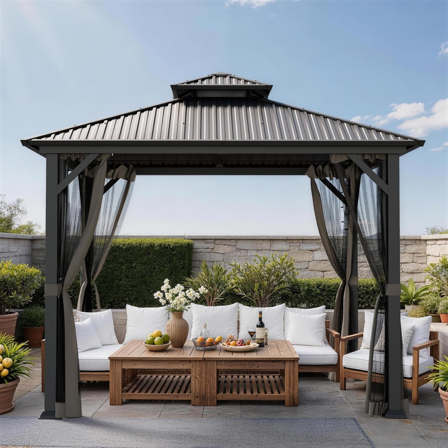 10x10 Hardtop Gazebo, Metal Gazebo with Frame, Outdoor Gazebos with Mosquito Net, Double Roof Hard Top Gazebos for Patios