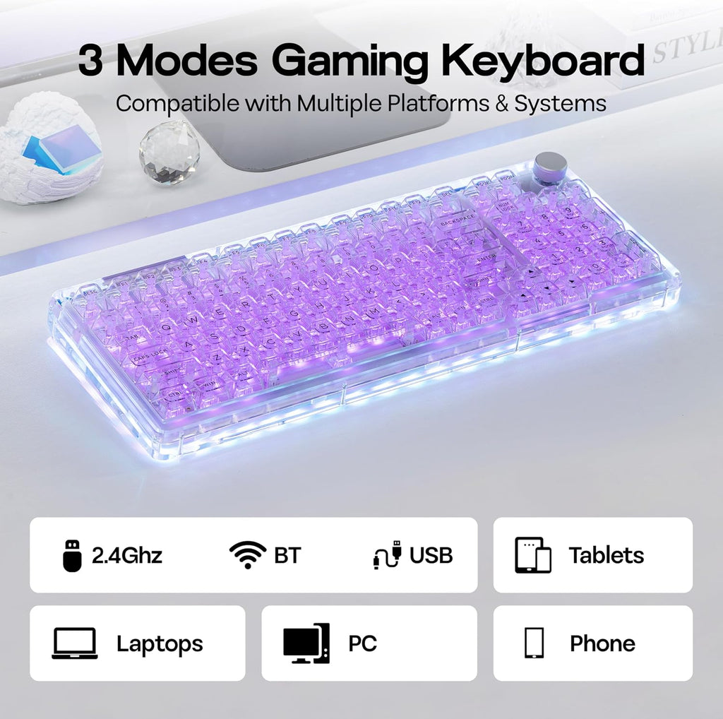 KiiBoom Phantom 98 Crystal Mechanical Gaming Keyboard, Transparent Keyboard with RGB Backlits, Hot-Swappable, Shine Through Clear Keycaps, 3 Modes Wireless, 8000mAh Battery, NKRO for Win/Mac (Clear)