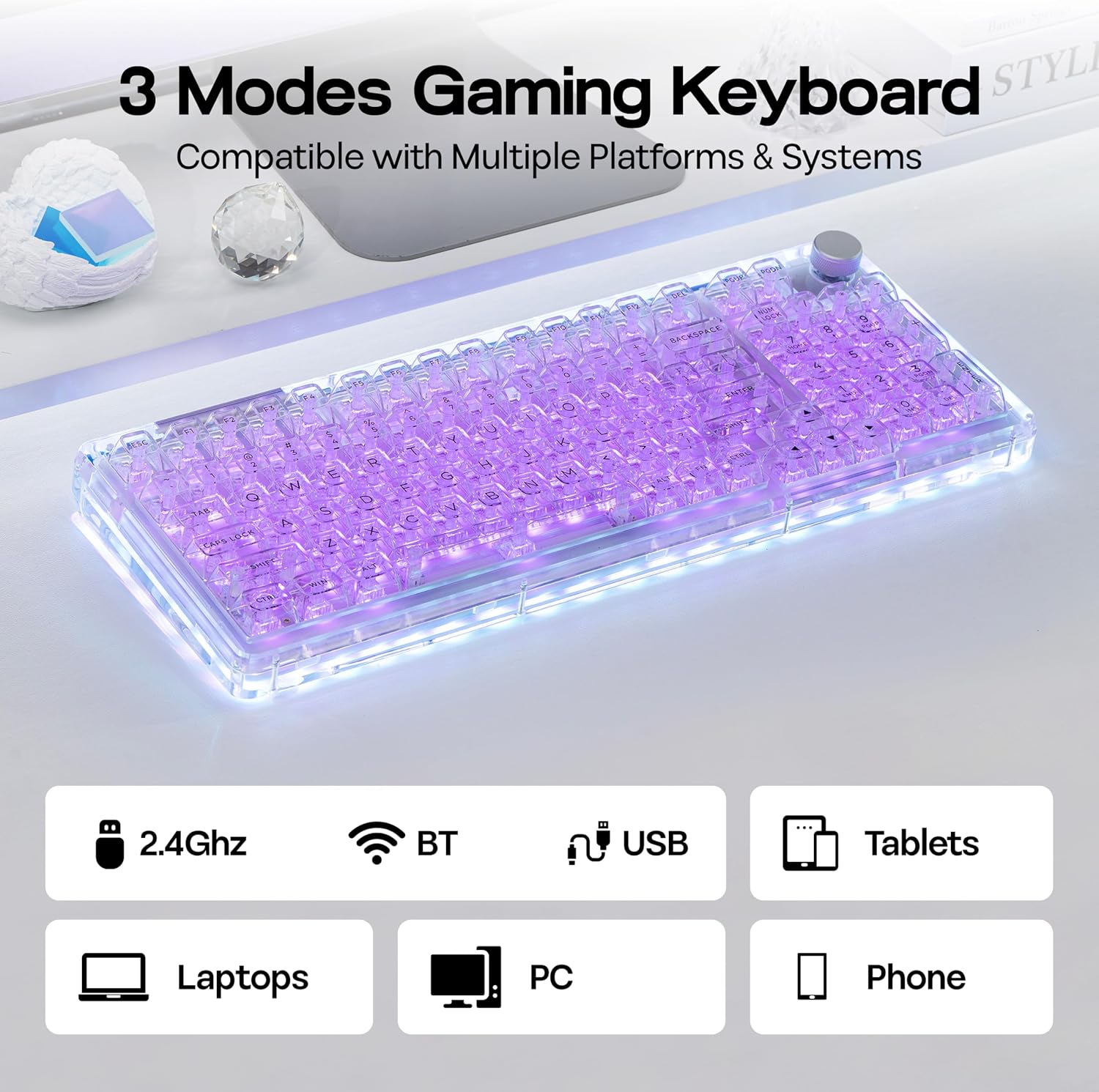 KiiBoom Phantom 98 Crystal Mechanical Gaming Keyboard, Transparent Keyboard with RGB Backlits, Hot-Swappable, Shine Through Clear Keycaps, 3 Modes Wireless, 8000mAh Battery, NKRO for Win/Mac (Clear)