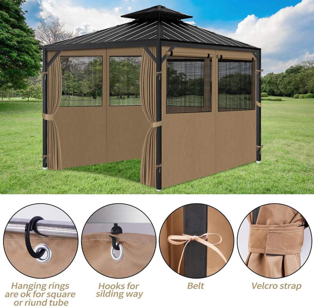 Gazebo Privacy Curtains 10' x 12' with Mosquito Windows, 4-Panels Side Wall with Zipper Universal Replacement for Patio, Outdoor Canopy, Garden and Backyard, Khaki (Curtain Only)