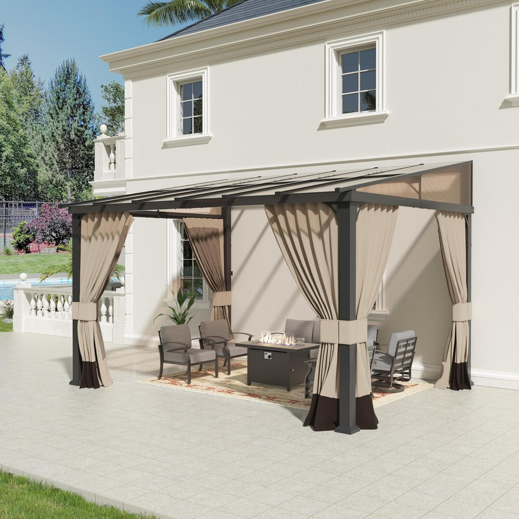 10' x 12' Gazebo for Patio,Wall Mounted Gazebo with Sloping Polycarbonate Roof,Aluminum Frame Outdoor pelgole w/Netting & Curtain for Garden,Deck,Backyard,Khaki