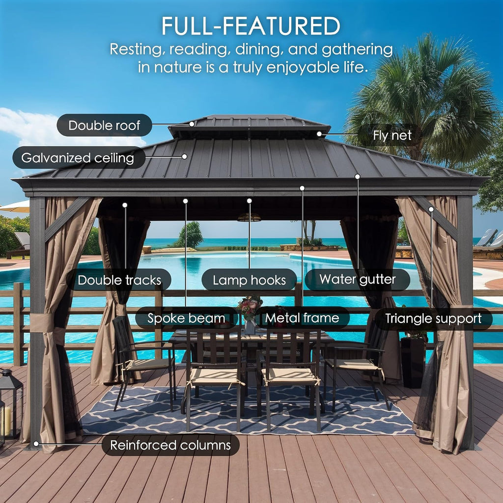 Kozyard Alexander 12' X 16' Hardtop Aluminum Permanent Gazebo with a Mosquito Net and Privacy Sidewalls, Permanent Gazebo Pavilion for Patio, Backyard (Brown)