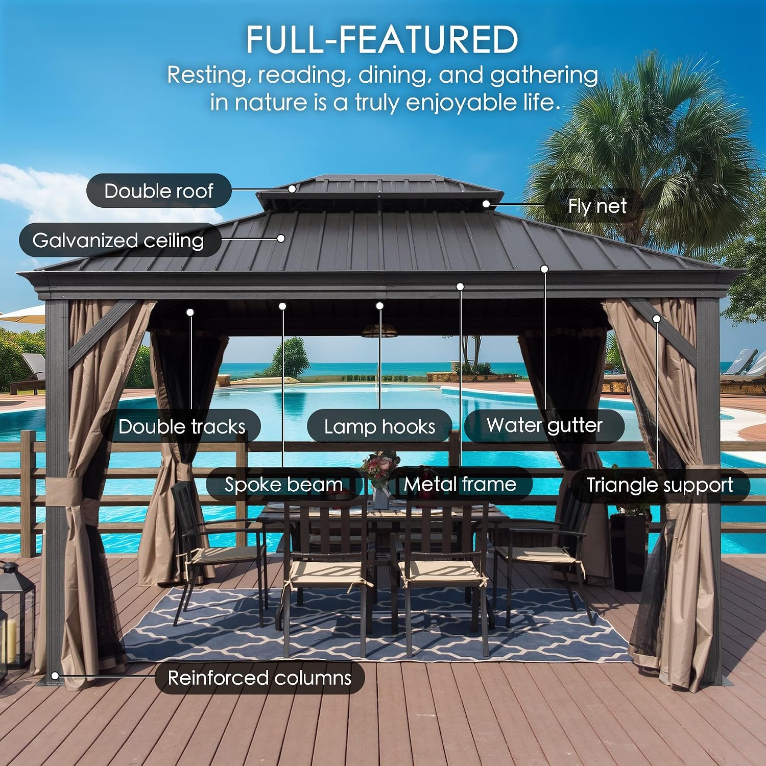 Kozyard Alexander 12' X 16' Hardtop Aluminum Permanent Gazebo with a Mosquito Net and Privacy Sidewalls, Permanent Gazebo Pavilion for Patio, Backyard (Brown)