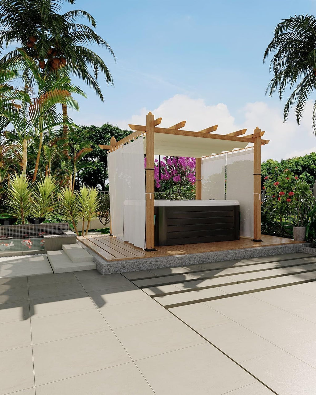 IDEALHOUSE 10 x 10 FT Patio Pergola, Aluminum Patio Gazebo with Retractable Sun Shade &Side Mesh, Metal Pergola Shelter for Backyard Deck Garden, Wood-Grain