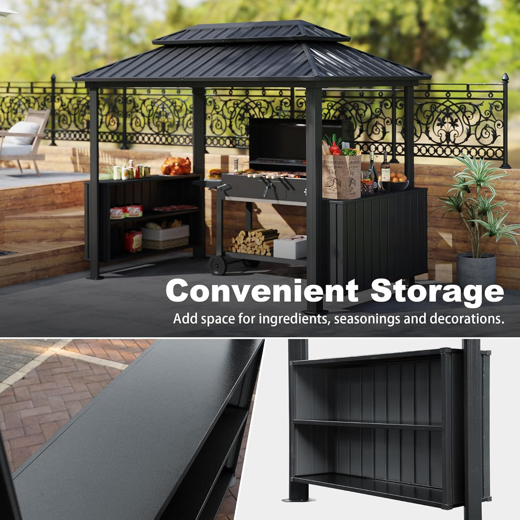 Domi 6'x10' Hardtop Grill Gazebo, BBQ Gazebo for Outdoor Grill with Double Galvanized Steel Roof, Patio Grill Canopy with 2 Cabinets and Ceiling Hooks for Backyard, Lawn, Garden, Gray