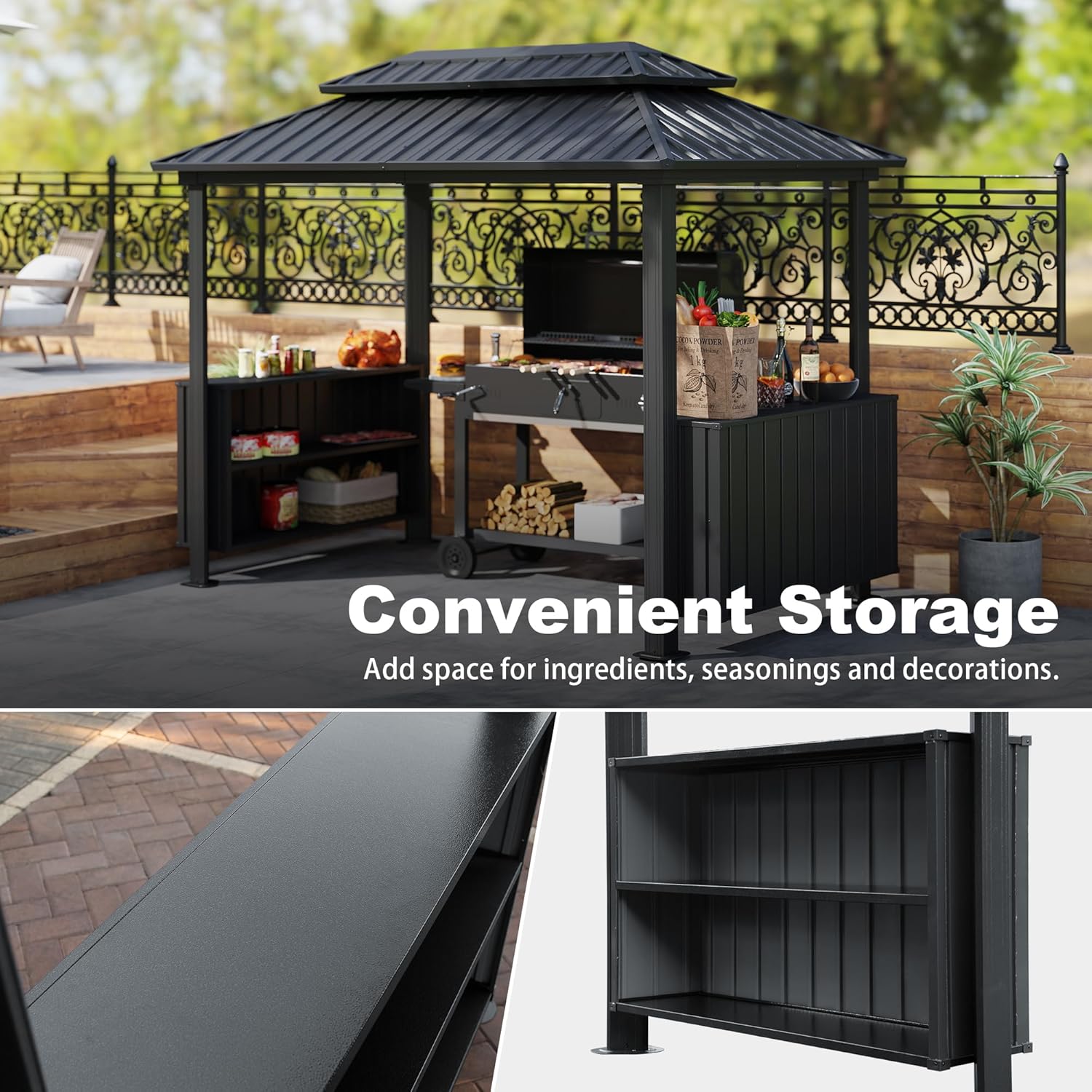 Domi 6'x10' Hardtop Grill Gazebo, BBQ Gazebo for Outdoor Grill with Double Galvanized Steel Roof, Patio Grill Canopy with 2 Cabinets and Ceiling Hooks for Backyard, Lawn, Garden, Gray