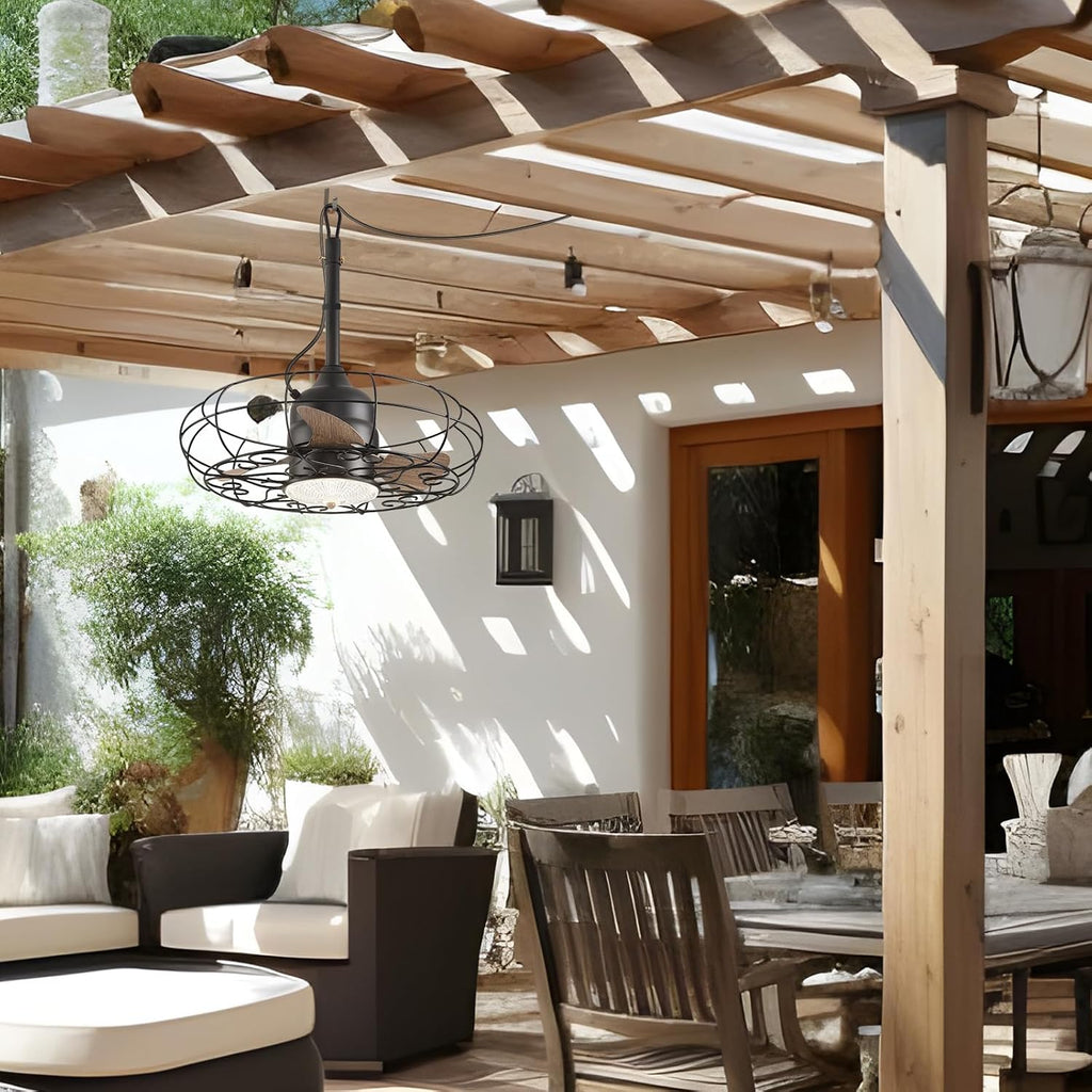 Orison Outdoor Ceiling Fans with Light, 24'' Wet Rated Outdoor Hanging Fan for Gazebo, Plug in Caged Lighting for Pergola Canopy, Hanging with Hook, 3 Color LED Light, Waterproof (24IN)