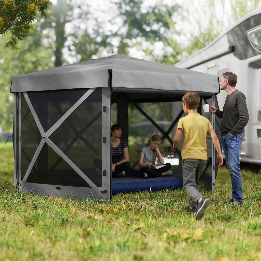 Outsunny 12' x 12' Hexagonal Pop Up Gazebo Tent with 5 Sidewalls, Waterproof Portable Outdoor Canopy Shelter with Curtains, Carry Bag, 5 Ropes, 11 Stakes for Camping, Garden, Patio, Dark Gray