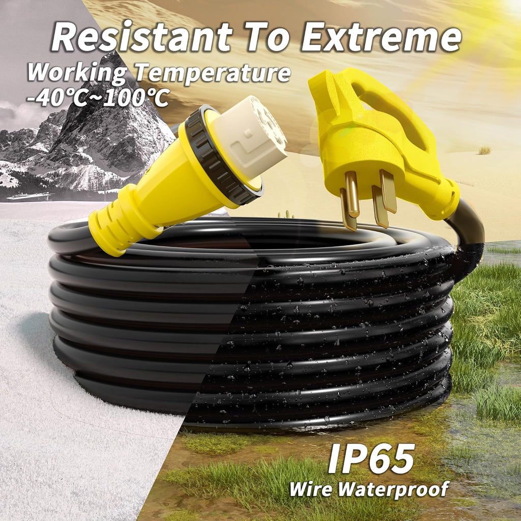 PlugSaf 50 Amp Generator Cord, 25FT 50 Amp RV Extension Cord with Twist Lock, Generator Cable 50A 4 Prong Yellow, NEMA 14-50P/SS2-50R Heavy Duty STW Wire for RV Camper & House