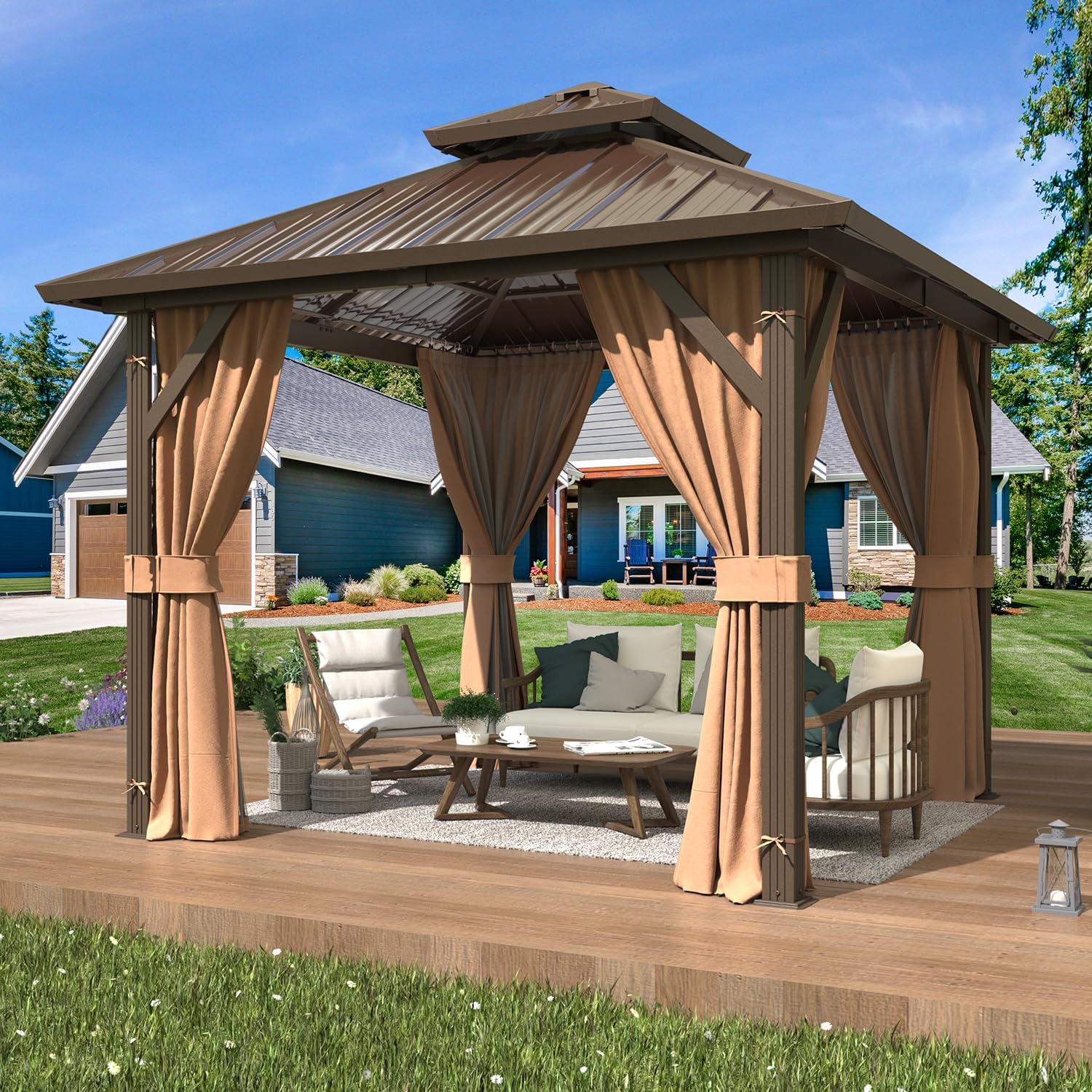 EROMMY 10' x 10' Hardtop Gazebo, Aluminum Frame Gazebos with Galvanized Steel Double Roof, Permanent Outdoor Metal Pavilion with Curtain and Netting for Patio, Lawn, Deck