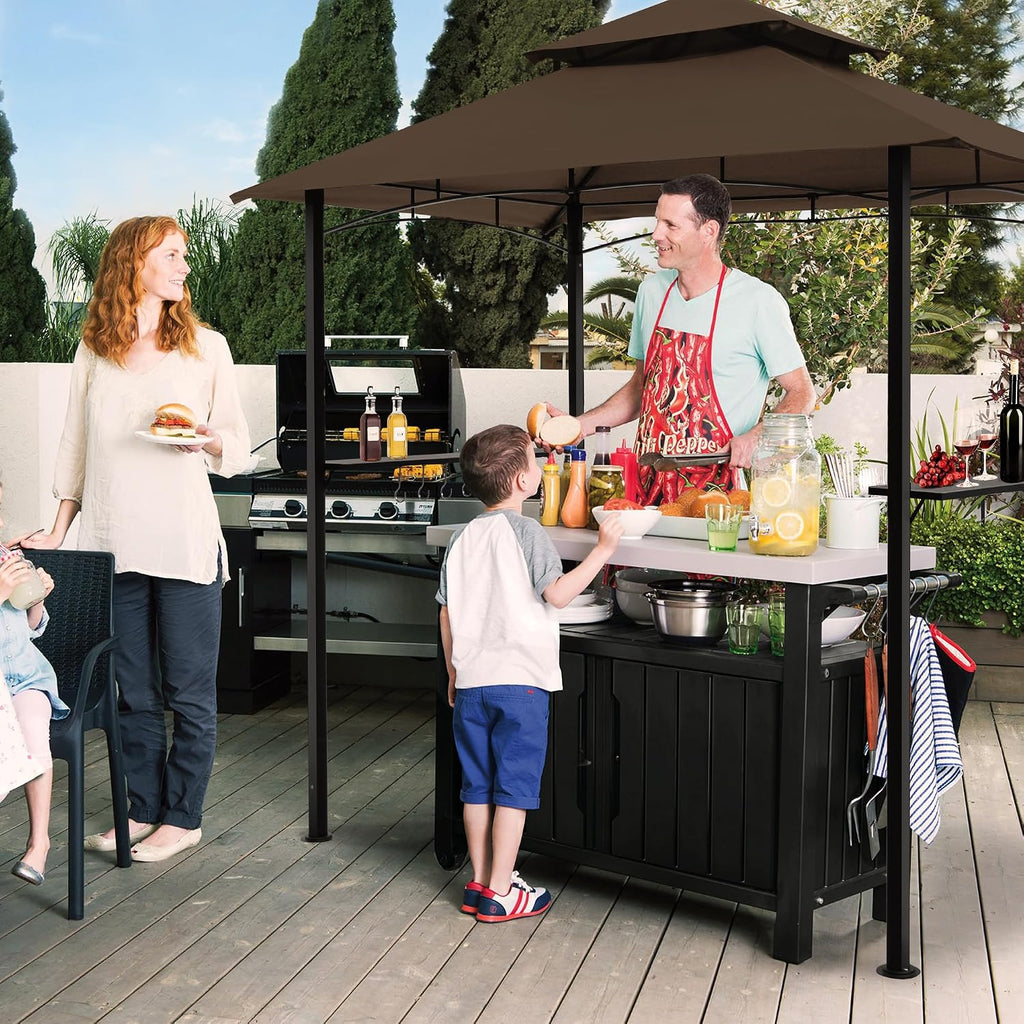 8'x 5' Grill Gazebo Canopy, Outdoor BBQ Gazebo with Led Light, Barbeque Gazebos Shelter for Patio (Brown)