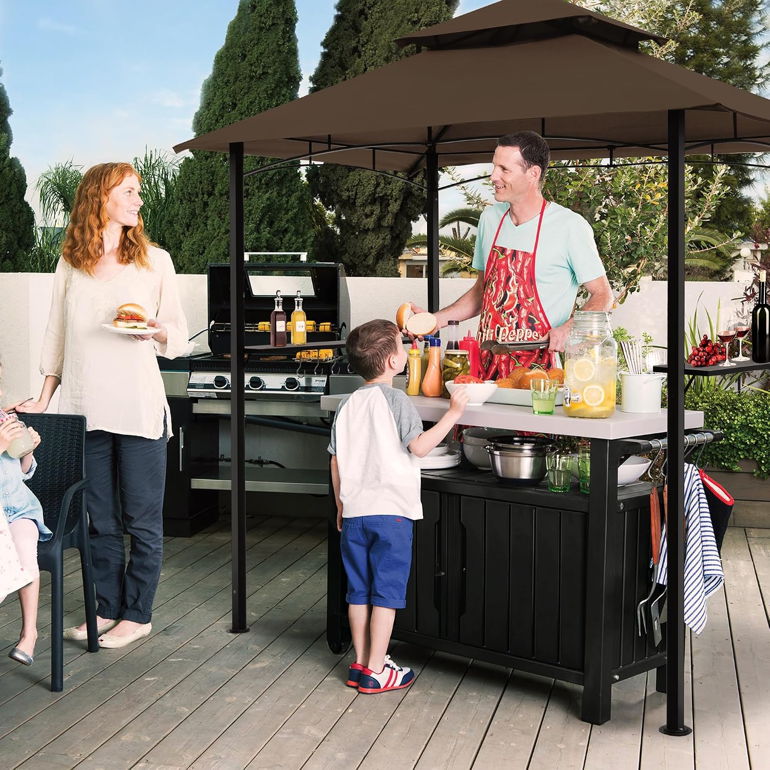 8'x 5' Grill Gazebo Canopy, Outdoor BBQ Gazebo with Led Light, Barbeque Gazebos Shelter for Patio (Brown)