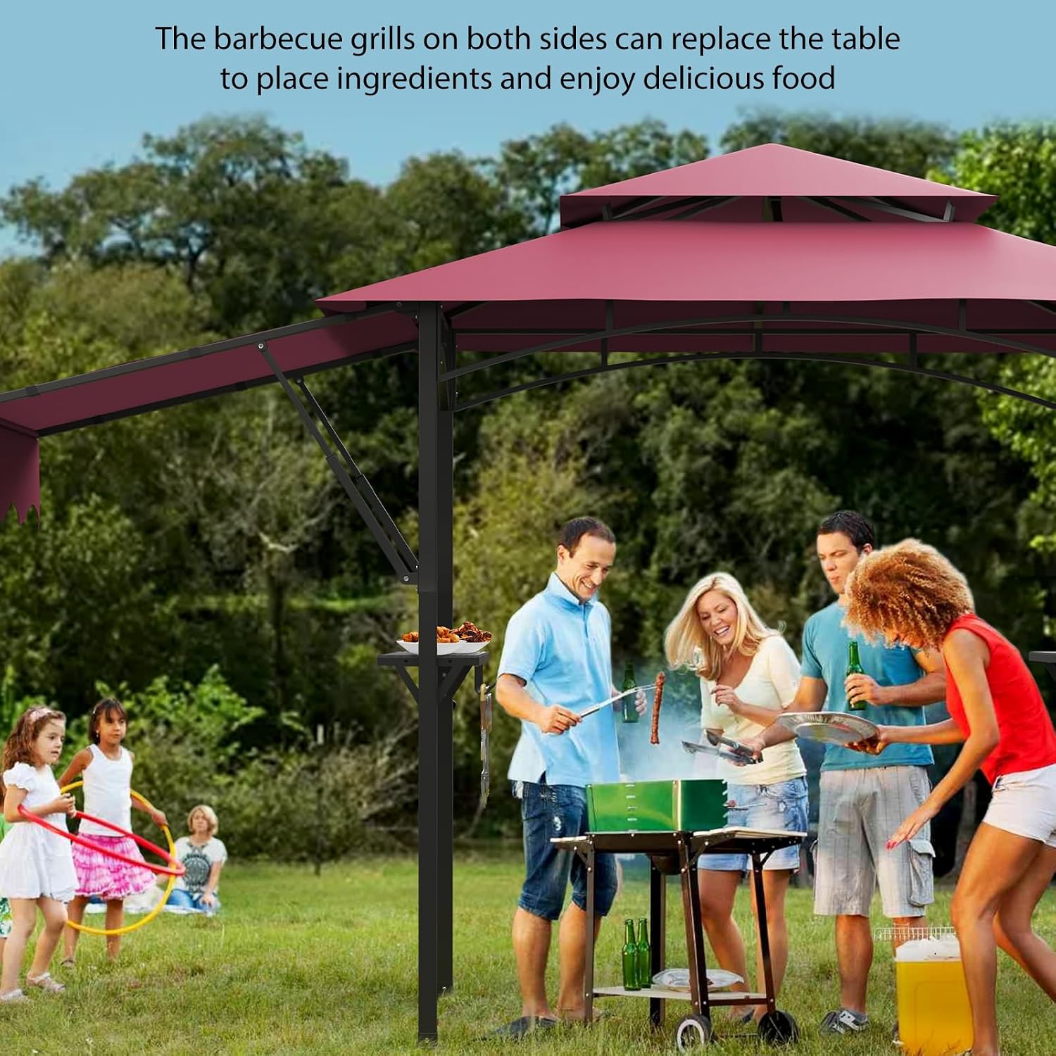 Grill Gazebo, Outdoor BBQ Canopy with Double Extra Awning, Double Tiered Roof Grill Canopy Tent with LED Lights, Weather Resistant Gazebo Shelter for Backyard, Lawn and Patio,Claret