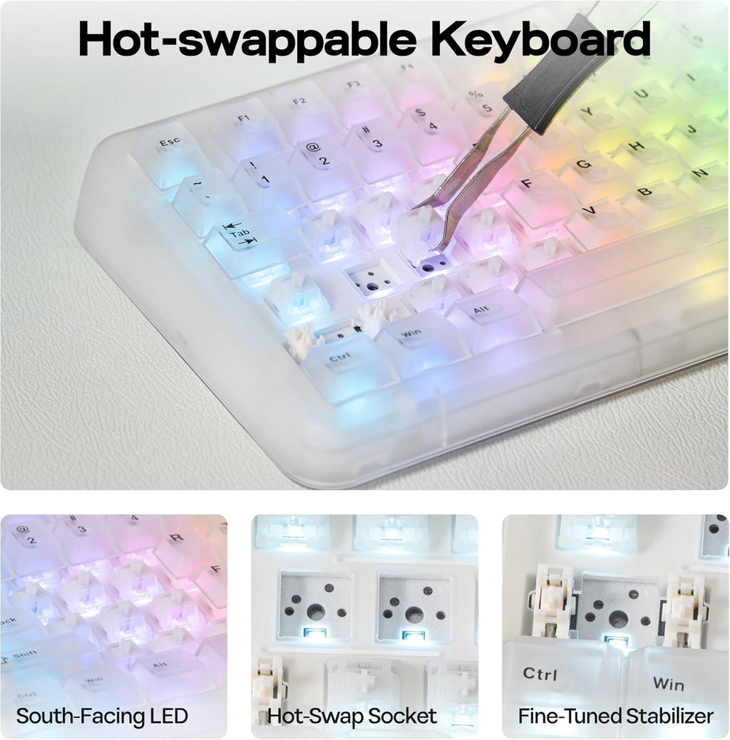 KiiBoom Phantom81 Lite 75% Gasket Mechanical Keyboard, QMK&VIA Programmable, 3 Modes Wireless Gaming Keyboard, RGB Backlights, ABS Case, Hot-Swappable for Windows/Mac/Linux (Clear)