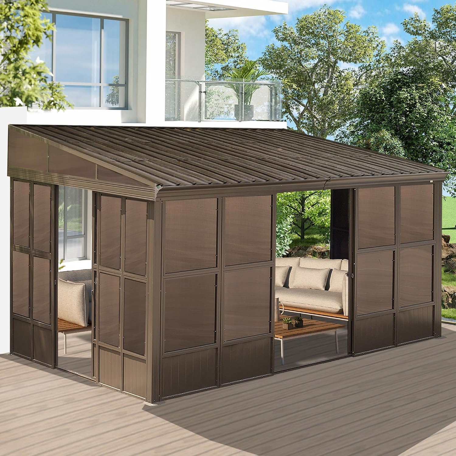 Domi 10x12FT Wall Mounted Sunroom, Against Wall Solarium with Galvanized Steel Sloping Roof, Detachable PVC Screen, Lockable Sliding Door, Lean-to Gazebo Sun Room for Patio Deck