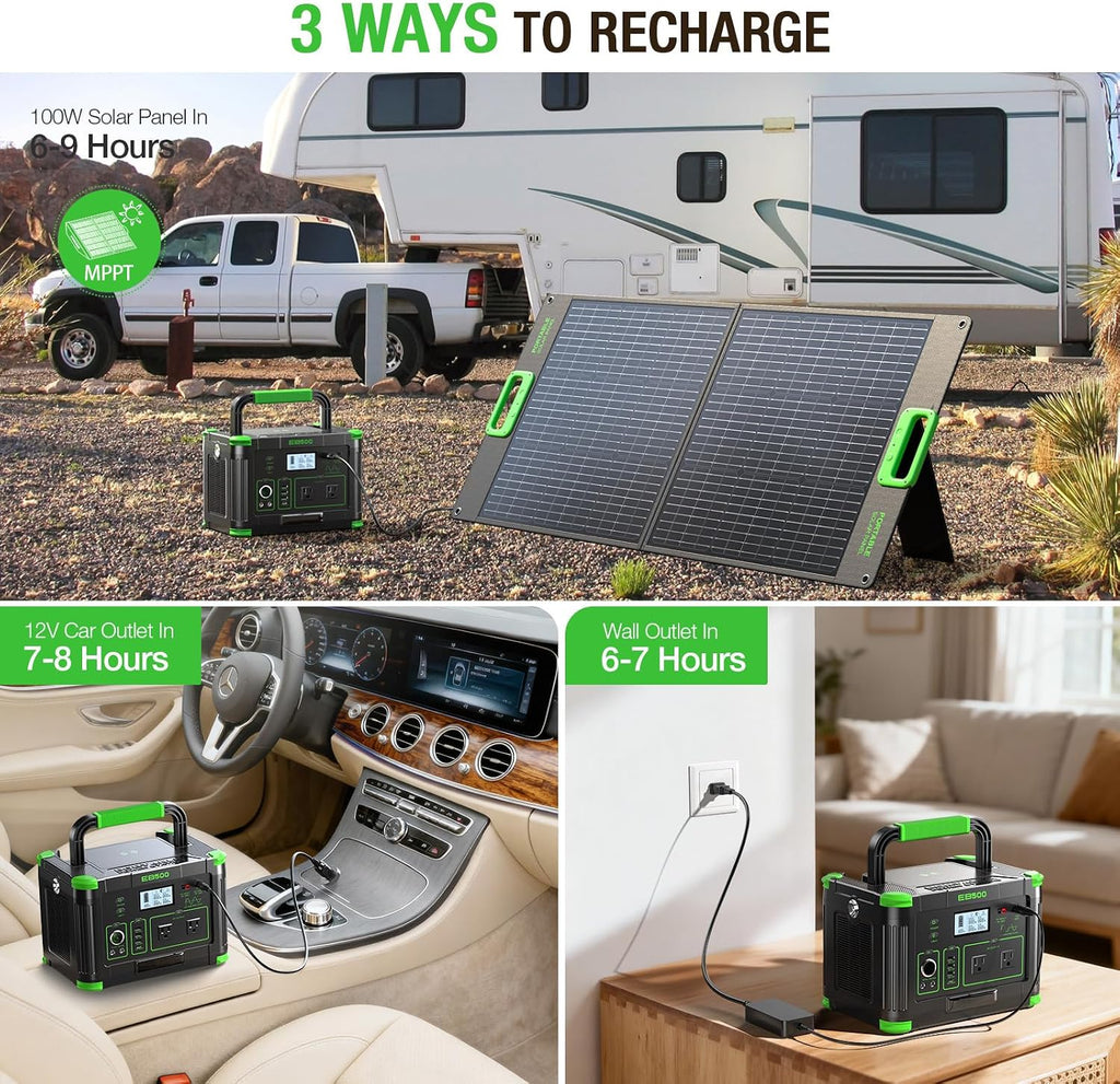 500W Portable Power Station with 100W Foldable Solar Panel, 519Wh Outdoor Solar Generator Backup Battery Pack with 2 110V AC Outlets, for RV, Van, Camping, Climbing, Road Trip & Home Emergency Use