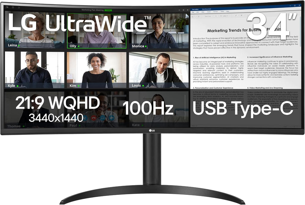 LG 34WR55QK-B 34-inch UltraWide WQHD (3440 x 1440) Curved Computer Monitor, 100Hz, 5ms, HDR10, Reader Mode, HDMI, DisplayPort, USB Type-C, Tilt/Height Adjustable Stand, Black