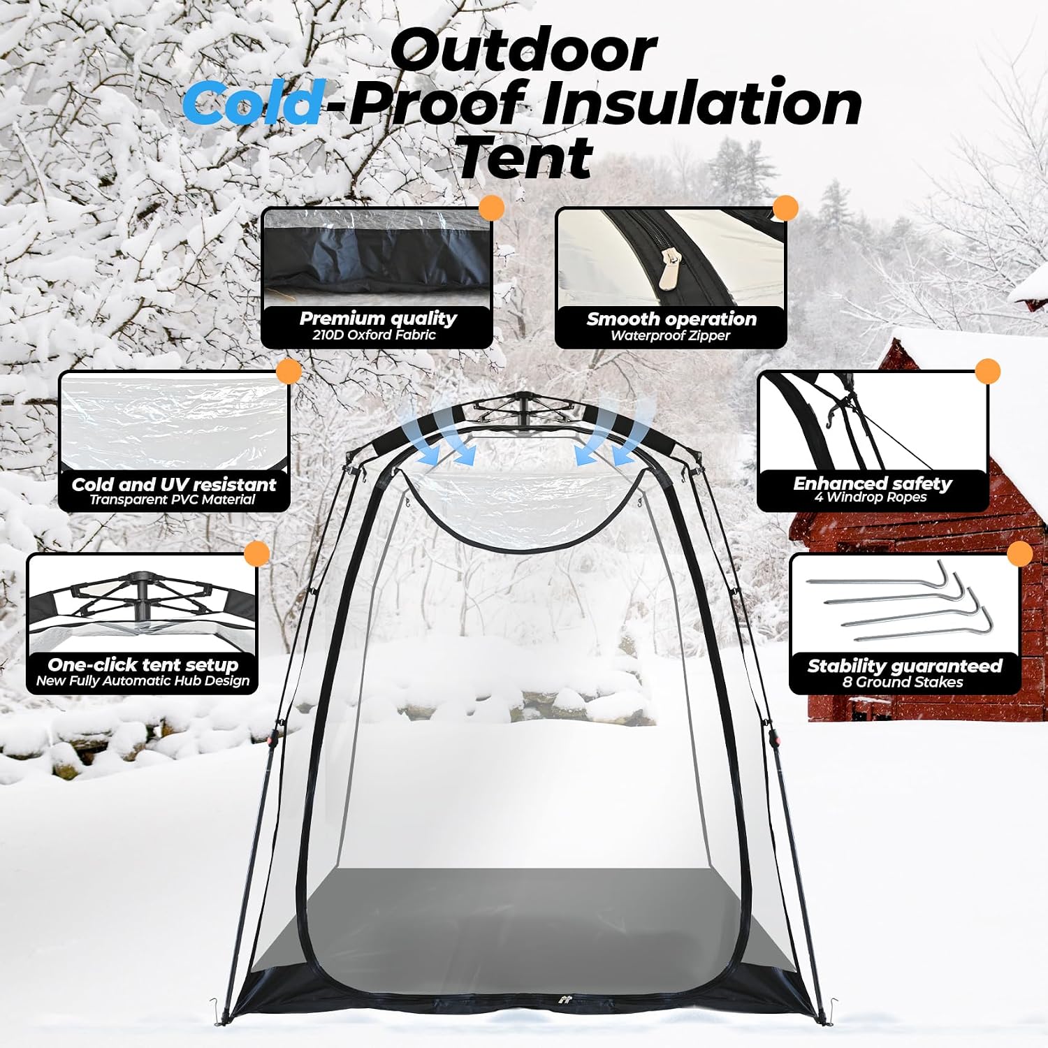 All Weather Proof Pod Pop Up Bubble Tent for 3-8 People, Large Oversize Dome House, Cold Protection Camping Tent, Winter Instant Igloo for Outdoor Activities