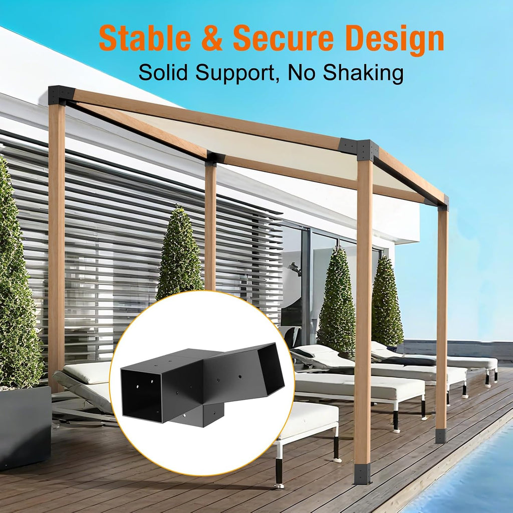 15° Slanted Roof Pergola Brackets, 3-Way Roof Wall Mount Extension Pergola Kit, 4''x4'' Wood Post Base Bracket, Corner Bracket for Gazebos, Patio Pergolas, Log Cabin (8PCS)