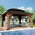 13' x 15' Double Hardtop Gazebo - Outdoor Thermal Transfer Wood-Looking Aluminum Gazebo with Double Hardtop, Privacy Curtains and Mosquito Nettings Included, for Patio, Garden, Backyard