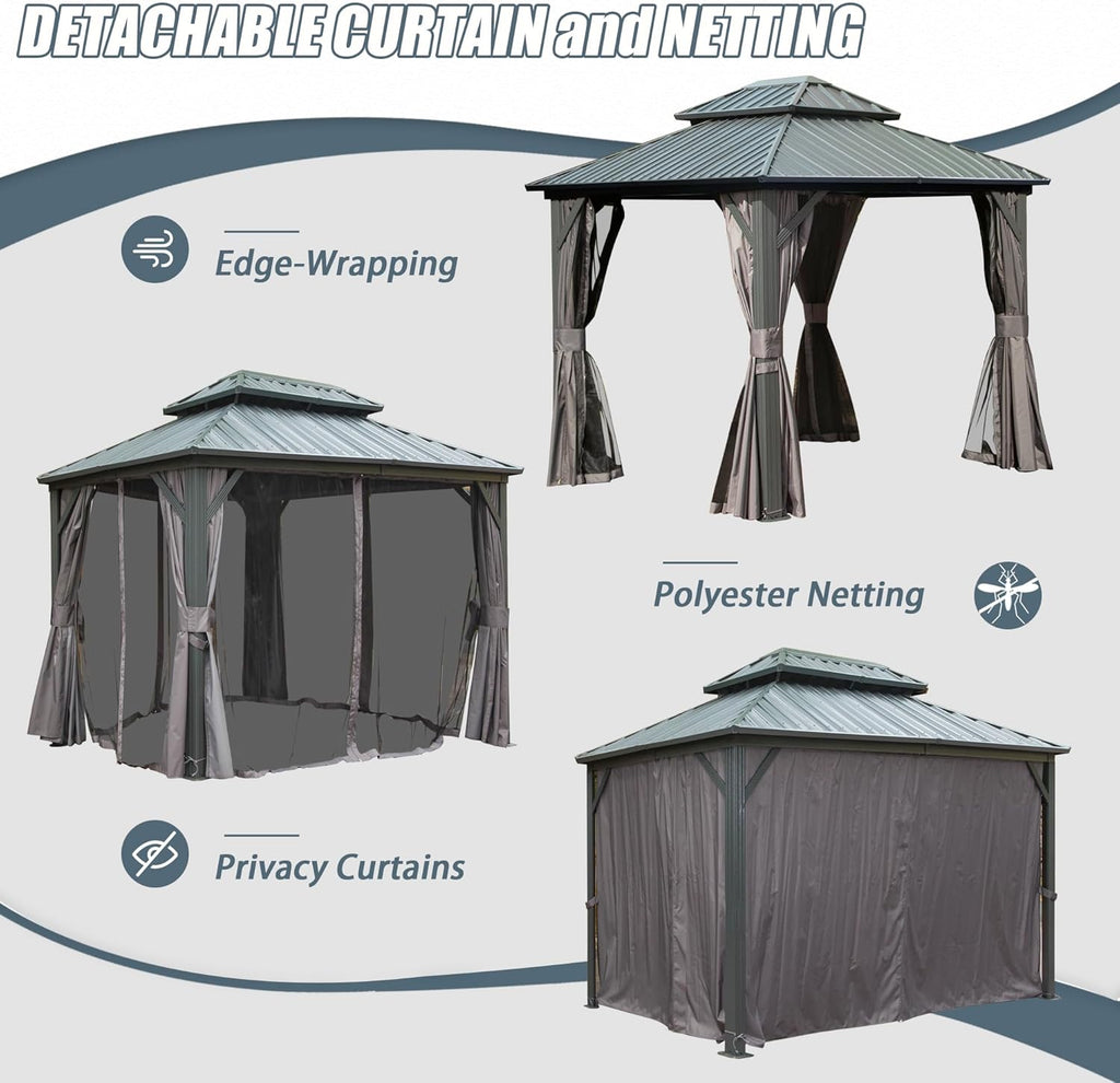 Domi 8' x 10' Hardtop Gazebo Permanent Metal Gazebo with Galvanized Steel Double Roof, Curtains and Netting for Party, Wedding, Outdoor Dining, Patio, Backyard, Grey