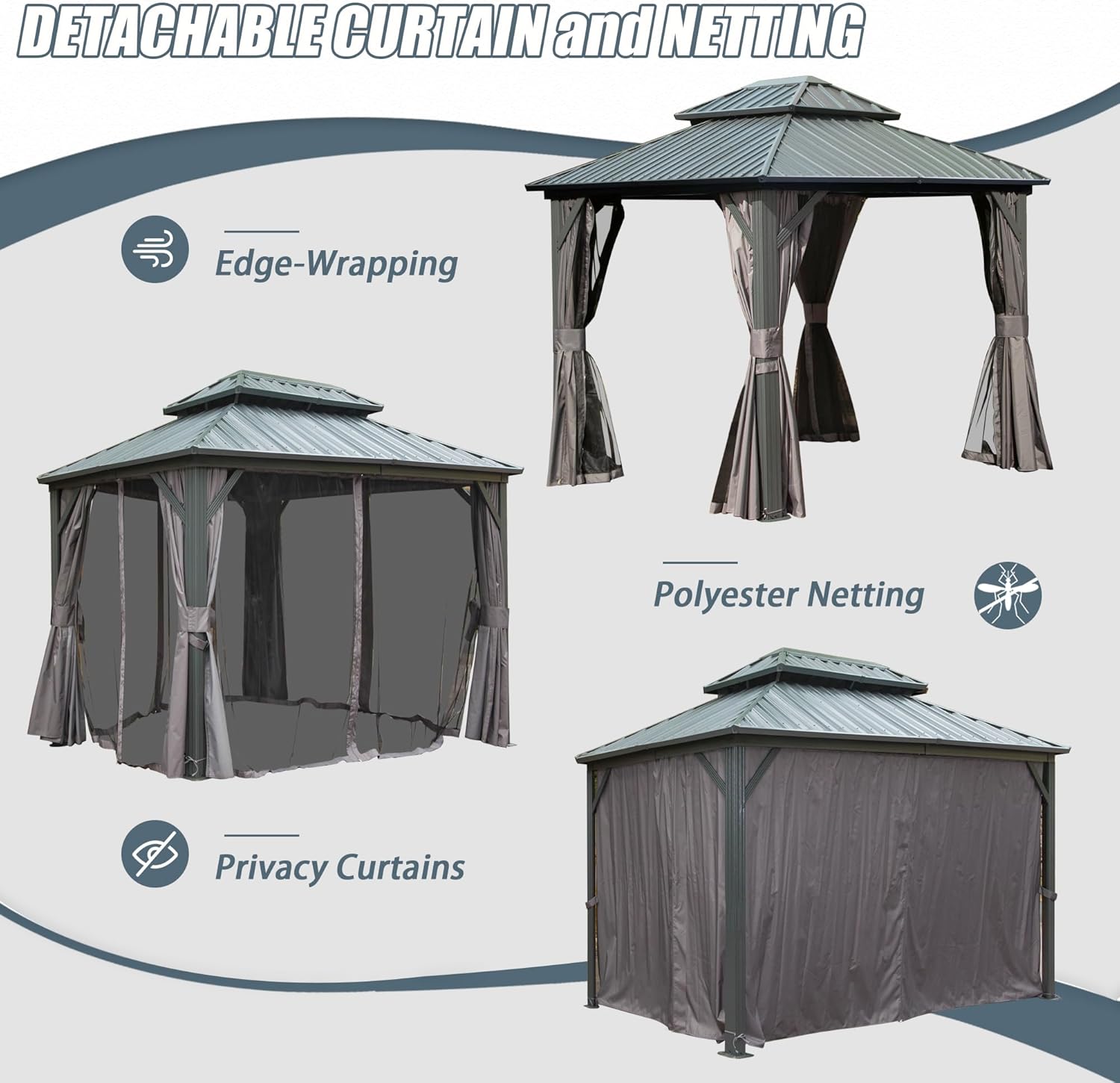 Domi 8' x 10' Hardtop Gazebo Permanent Metal Gazebo with Galvanized Steel Double Roof, Curtains and Netting for Party, Wedding, Outdoor Dining, Patio, Backyard, Grey