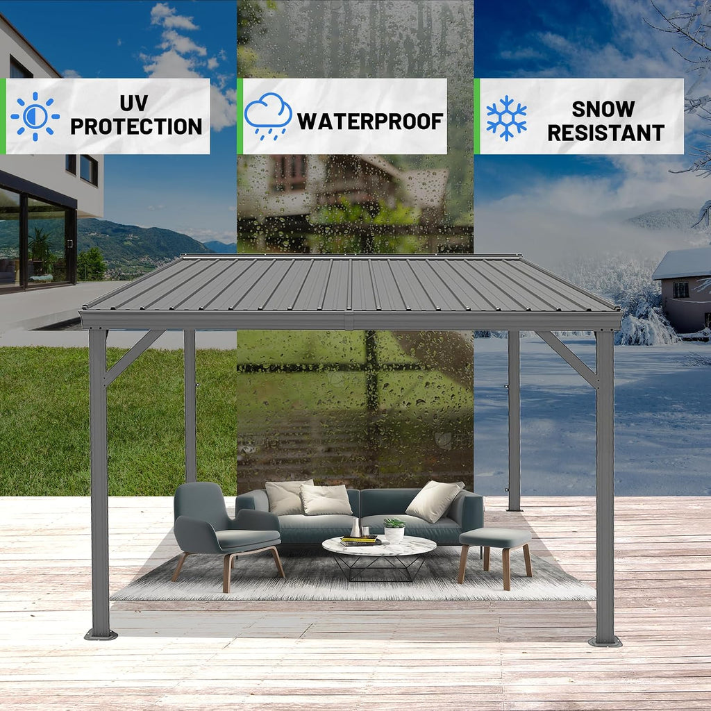 8x8FT Lean to Gazebo, Outdoor Hardtop Wall Mounted Gazebo with Gutter & Sloping Galvanized Steel Roof, Metal Hard Top Awnings for Deck, Porch, Backyard