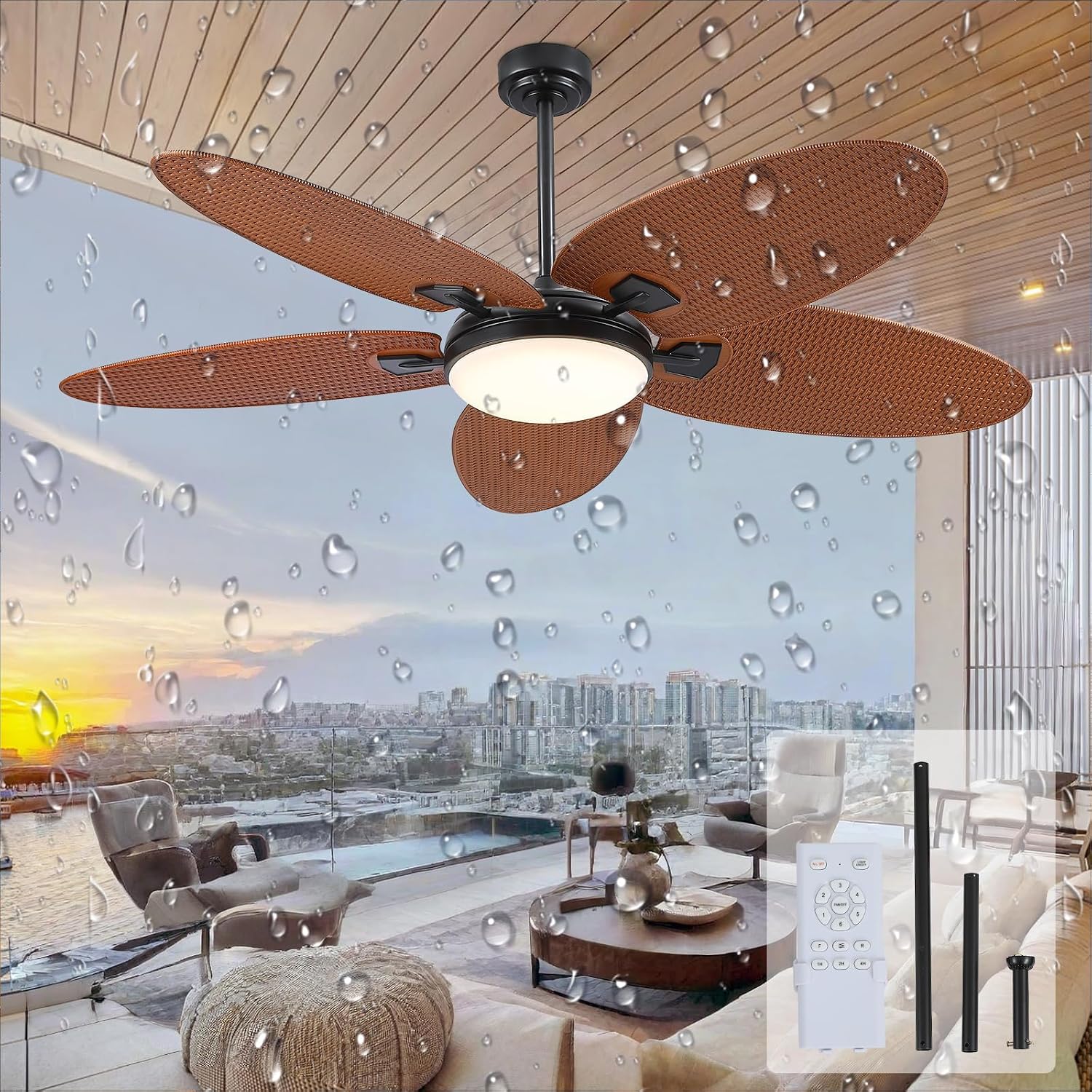 PHORUS 62' Large Waterproof Outdoor Palm Leaf Ceiling Fans with Lights and Remote,Wet Rated Tropical Ceiling Fans Light for Patios Porch Gazebo Pergola,6 Speeds Reversible