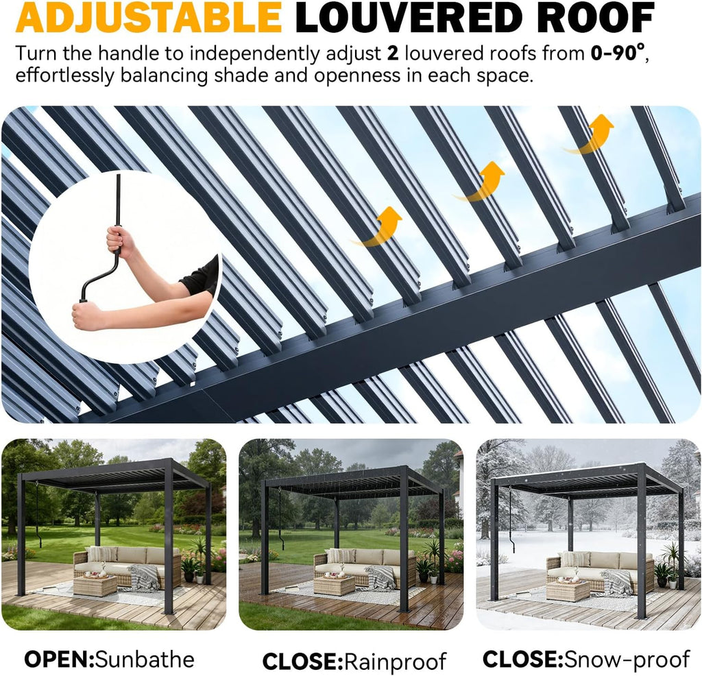 Louvered Pergola 10x10ft, Metal Hardtop Pergola with Adjustable Roof for Sun & Rain Shade, Outdoor Gazebo with Integrated Drainage System, Modern Rustproof Patio Canopy Carport