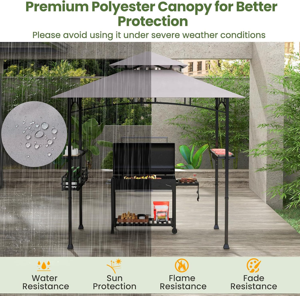 HAPPYGRILL 8 x 5 FT BBQ Grill Gazebo with 2 Side Shelves, Storage Basket, Hanging Hooks, Bottle Opener, Double-Tiered Top, Metal Frame, Outdoor Barbecue Canopy, Grilling Shelter for Patio Garden Yard