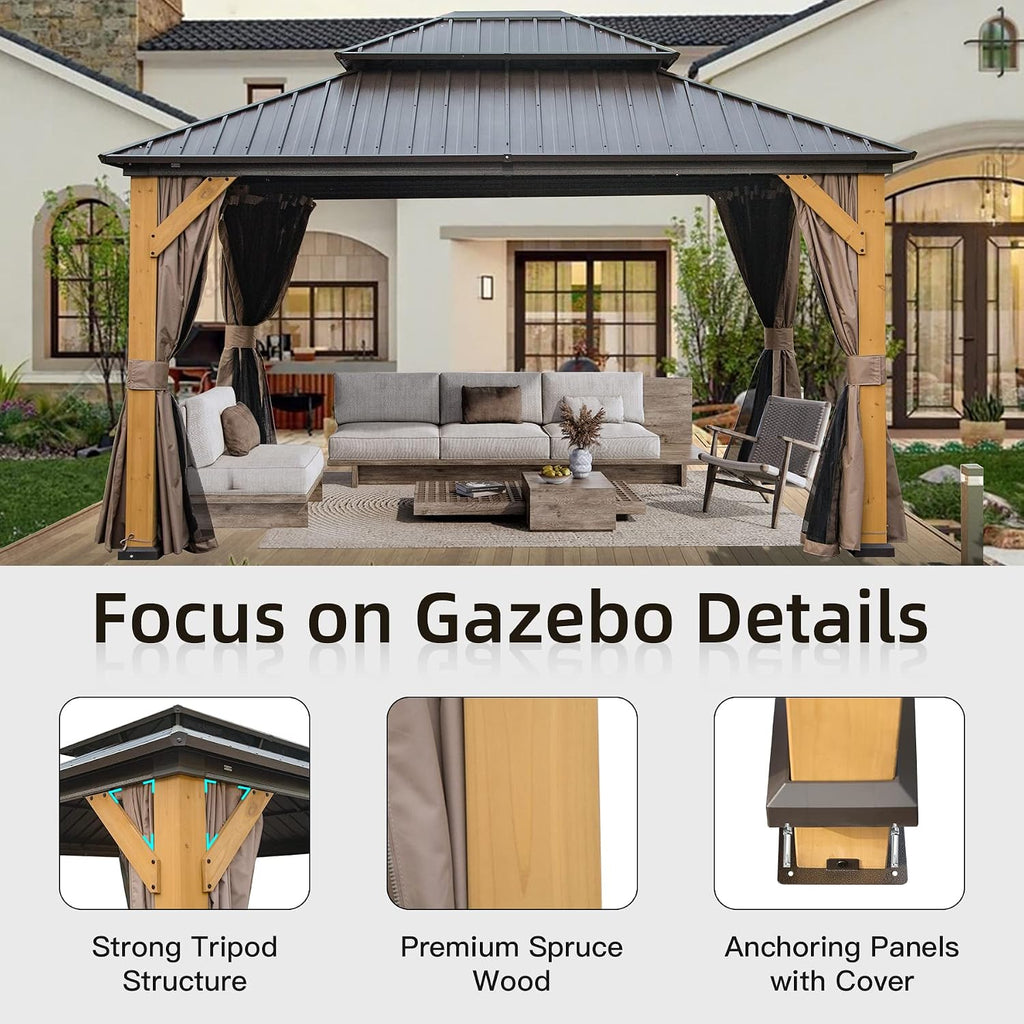 Domi Hardtop Gazebo 12'x14' Cedar Frame Wood Gazebo with Galvanized Steel Double Roof, Outdoor Permanent Metal Gazebo with Curtains and Netting for Patio,Deck,Backyard