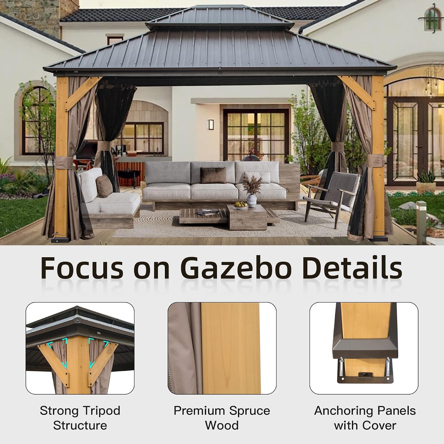 Domi Hardtop Gazebo 12'x14' Cedar Frame Wood Gazebo with Galvanized Steel Double Roof, Outdoor Permanent Metal Gazebo with Curtains and Netting for Patio,Deck,Backyard