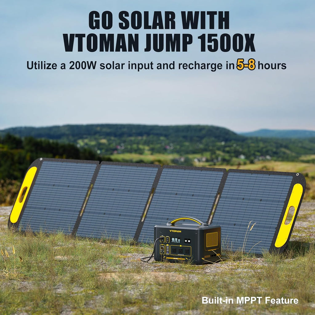 VTOMAN Jump 1500X Portable Power Station with 200W Solar Panel, 1500W/828Wh LiFePO4 Battery Solar Generator with AC Outlets, PD 100W Type-C, Large Capacity Expandable for Camping, Home Backup, Travel