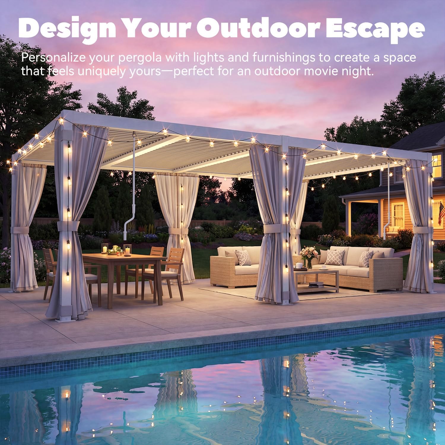 MELLCOM Louvered Pergola 12x20, Steel Aluminum Pergola with Adjustable Louvered Roofs, Outdoor Gazebo with Waterproof Curtains and Nets, White