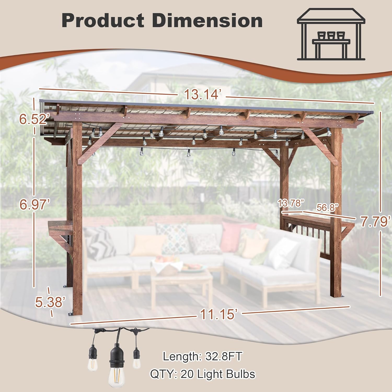 CIATRE 13' x 6.5' Spacious Wooden Pergola Grill Gazebo with Metal Roof, Built-in Bulbs, Bar Counters, and Expansion Mounting Hardware - Perfect for Outdoor Barbecue, Patio, Backyard, and Poolside