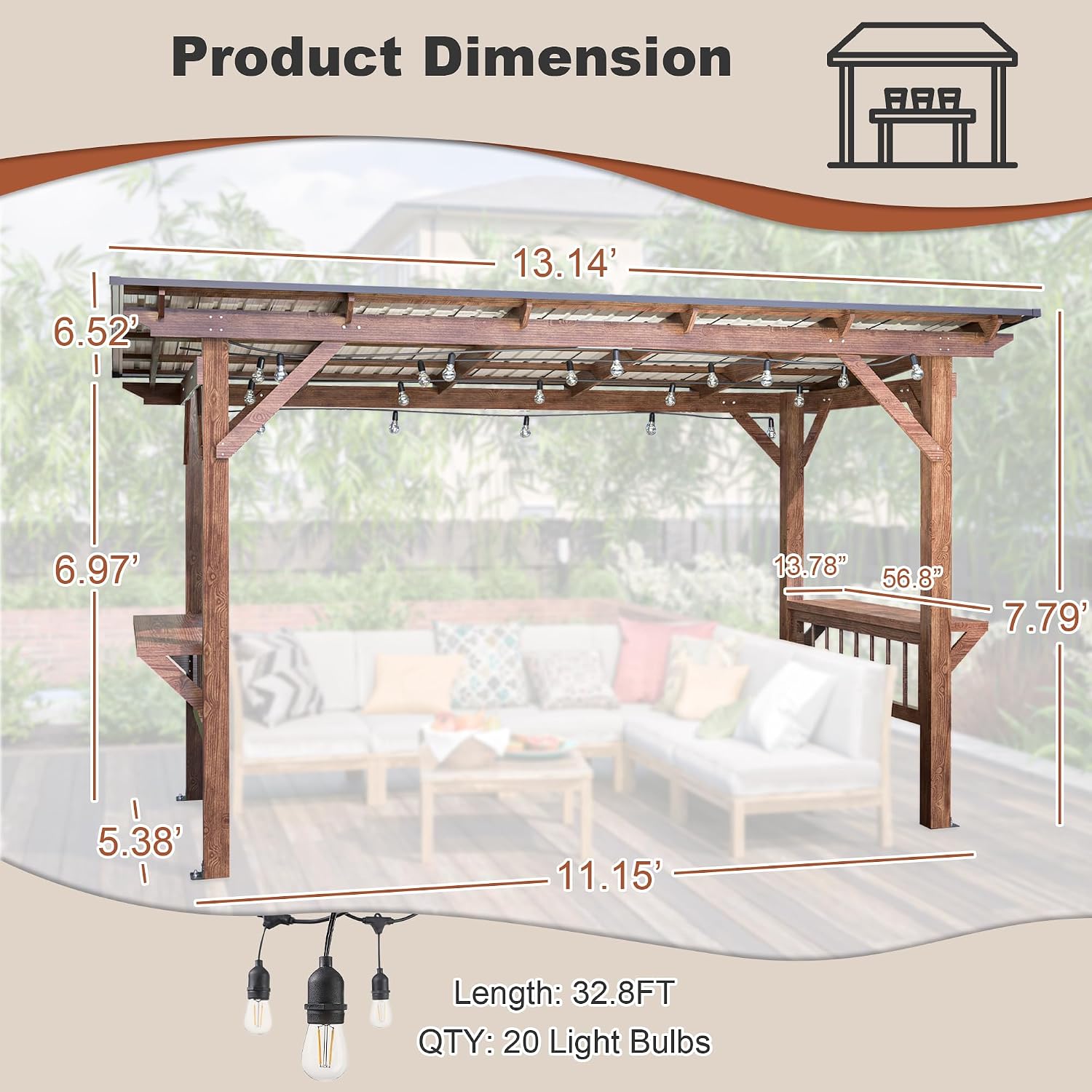 13x6.5 FT Wooden Wooden Grill Gazebo with Metal Roof & Bulbs, Pergolas and Gazebos with Bar Counters, BBQ Gazebo for Outdoor Patio, Lawn, Garden, Grill Canopy (13x6.5 FT)