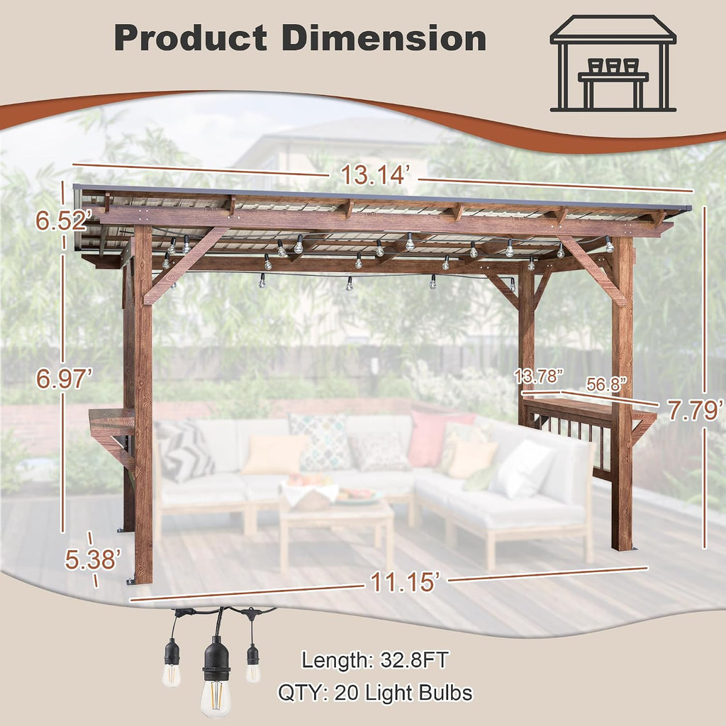 YOPTO 13x6.5 FT Outdoor Wooden Pergola Grill Gazebo with Metal Roof & Bulbs,Waterproof Garden Canopy W/Bar Counters,for Patio,Backyard,Swimming Pool,Brown