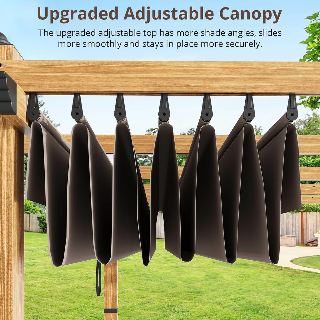 10' X 10' Retractable Pergola Canopy with Natural Wood Like Frame for Backyards, Gardens, Patios, Outdoor Pergola with Sun Shade Canopy,Khaki