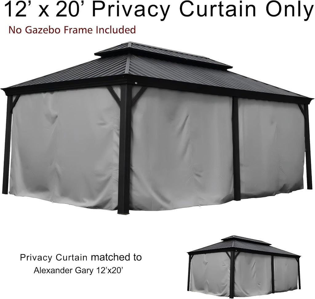 Kozyard 12' x 20'Outdoor Gazebo Privacy Curtain Sidewall, Waterproof Patio Privacy Curtain with Center-Zip Design, Replacement for Hardtop Gazebo Gray