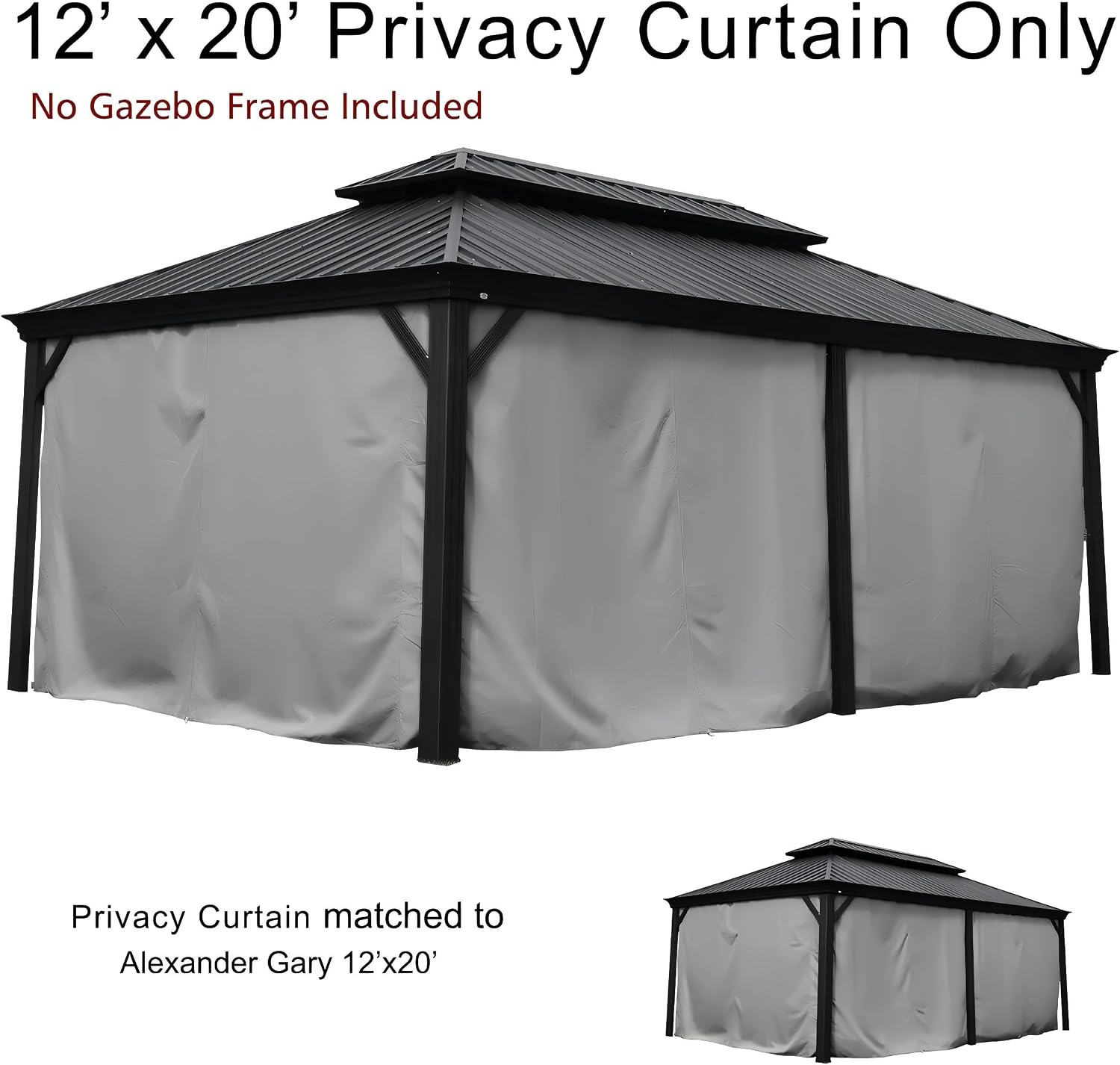 Kozyard 12' x 20'Outdoor Gazebo Privacy Curtain Sidewall, Waterproof Patio Privacy Curtain with Center-Zip Design, Replacement for Hardtop Gazebo Gray