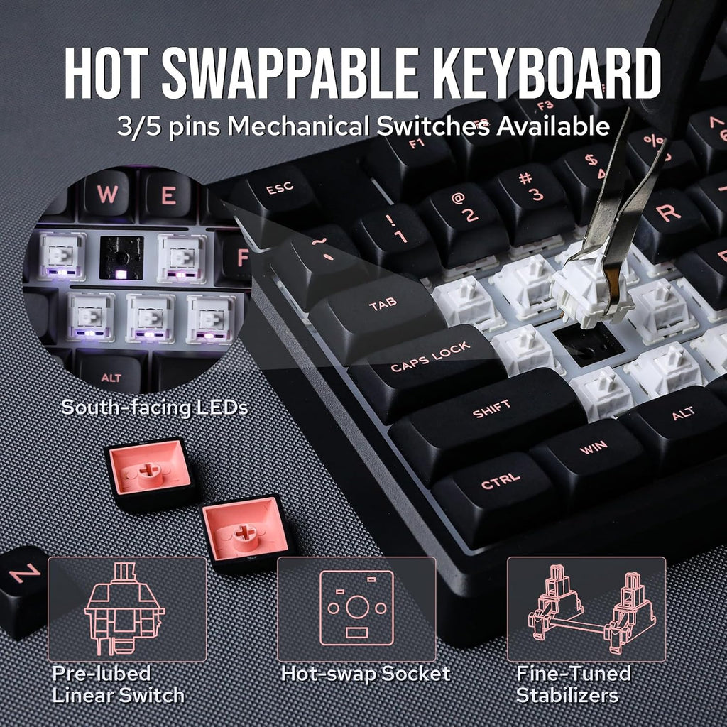 EPOMAKER Galaxy100 QMK/VIA Wireless Gaming Keyboard, Aluminum Shell, BT/2.4Ghz/USB-C, Pre-Lubed Hot-Swappable Linear Switches, NKRO, RGB Backlit (Black, Wisteria Linear Switch)