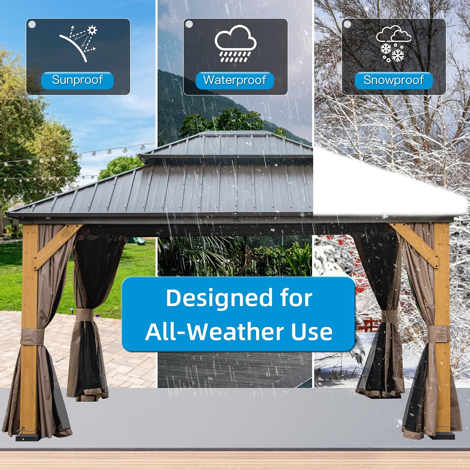 Domi Hardtop Gazebo 12'x14' Cedar Frame Wood Gazebo with Galvanized Steel Double Roof, Outdoor Permanent Metal Gazebo with Curtains and Netting for Patio,Deck,Backyard